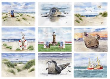 Postkarte DIN-A5 Aquarell Maritim Kunst Druck Kunstdruck Nordsee Strandkorb Leuchtturm Insel Juist Meer Strand Dünen